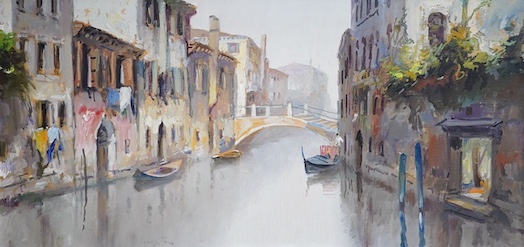 G Toare ?, pair of oils on board, Venetian canals, each indistinctly signed and inscribed verso, 18 x 38cm. Condition - good